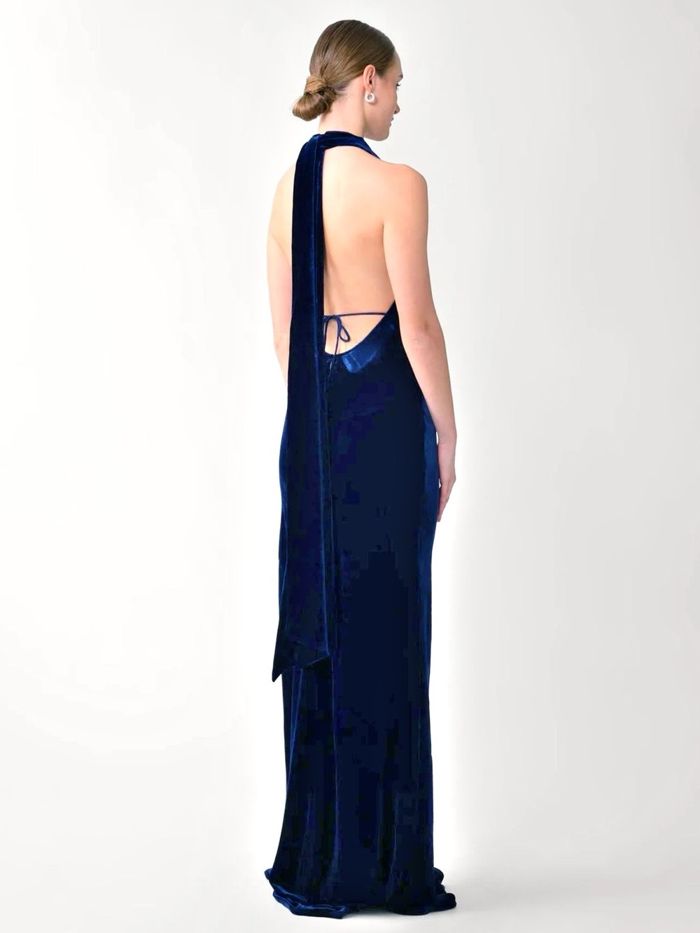 Sau Lee Pearl Cowl Scarf Open Back Strappy Velvet Gown in Midnight Blue Size 12 - Picture 2 of 12